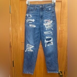 American Eagle size 4 regular Mom Straight Jeans distressed plaid patches‌‌‌‌‌‌‍